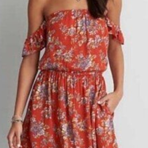 American Eagle Outfitters Orange Floral Mini Dress Off Shoulder XS Boho Pockets - Picture 2 of 14